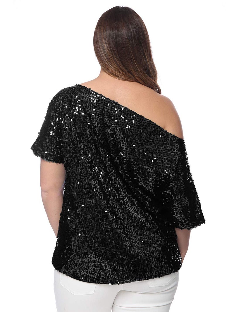 Anna-Kaci Women's Plus Size Sequin Sexy One Shoulder Short Sleeve Party Club Top, Black, 2X-Large - Image 2